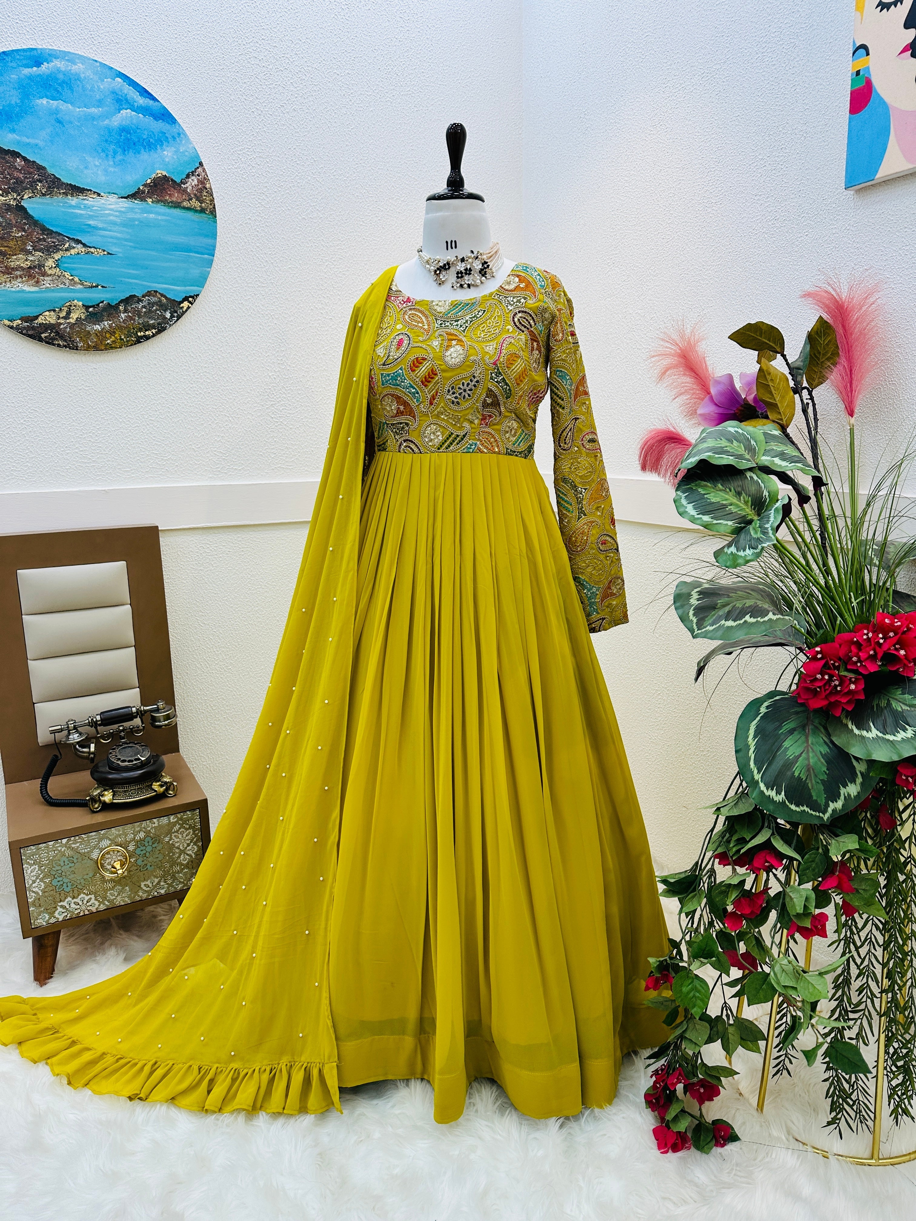 Breathtaking Faux Georgette Sequins Cording Worked Designer Gown - Ethnicwish