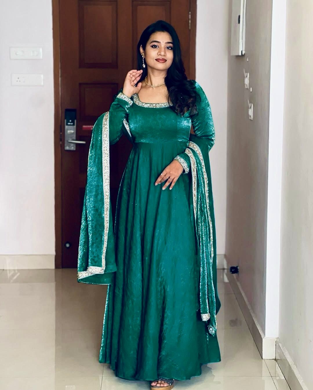 Gorgeous Fendi Silk Sequins Embroidered Fully Stitched Anarkali With Dupatta - ETHNICDEAL