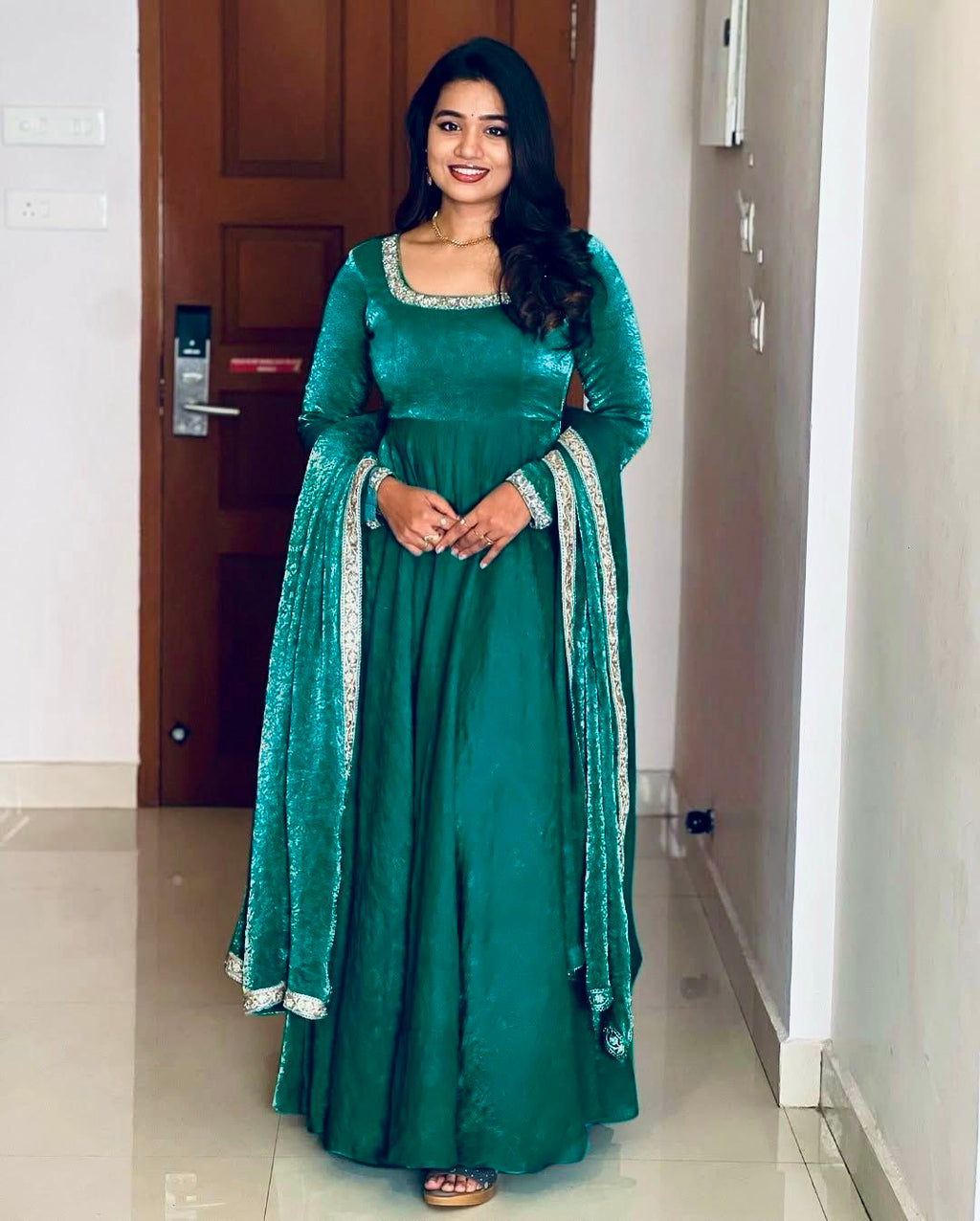 Gorgeous Fendi Silk Sequins Embroidered Fully Stitched Anarkali With Dupatta - ETHNICDEAL