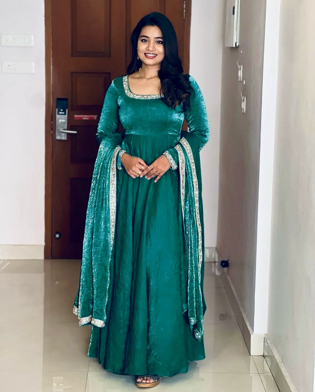 Gorgeous Fendi Silk Sequins Embroidered Fully Stitched Anarkali With Dupatta - ETHNICDEAL