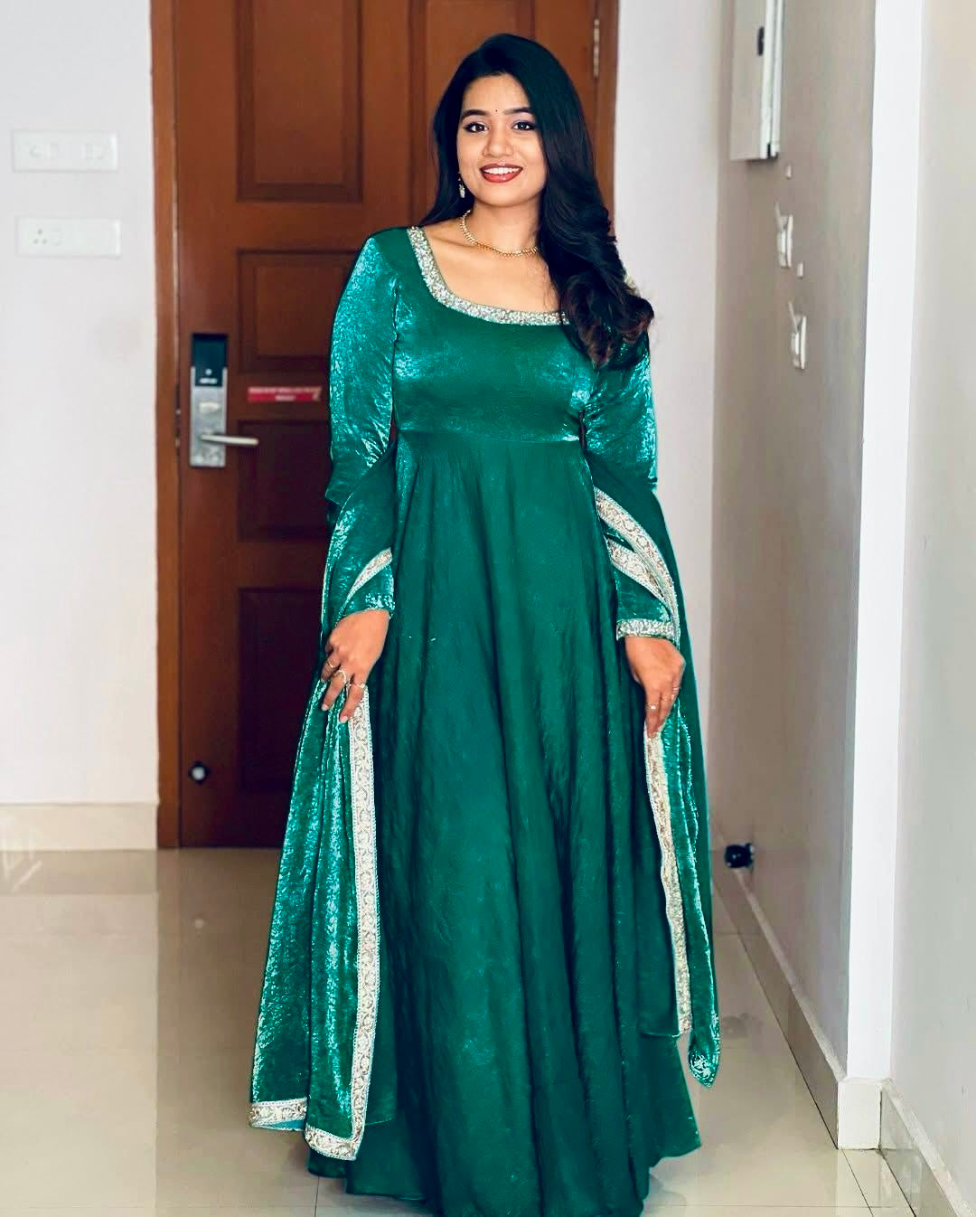 Gorgeous Fendi Silk Sequins Embroidered Fully Stitched Anarkali With Dupatta - ETHNICDEAL