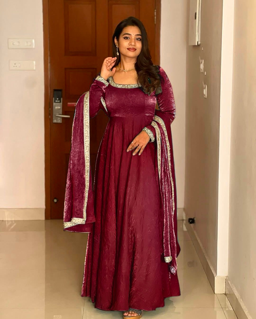 Gorgeous Fendi Silk Sequins Embroidered Fully Stitched Anarkali With Dupatta - ETHNICDEAL