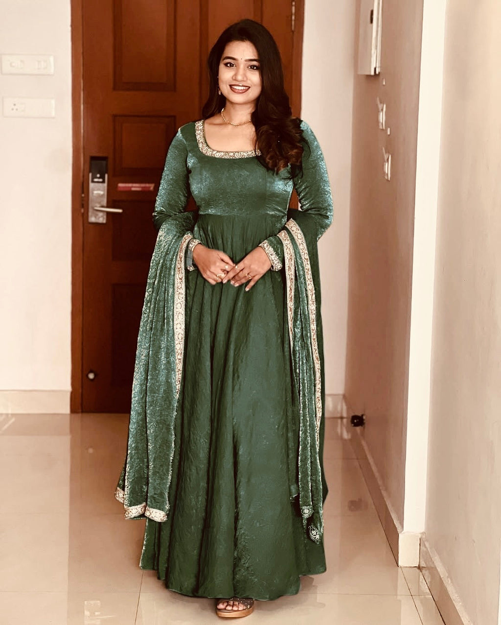 Gorgeous Fendi Silk Sequins Embroidered Fully Stitched Anarkali With Dupatta - ETHNICDEAL