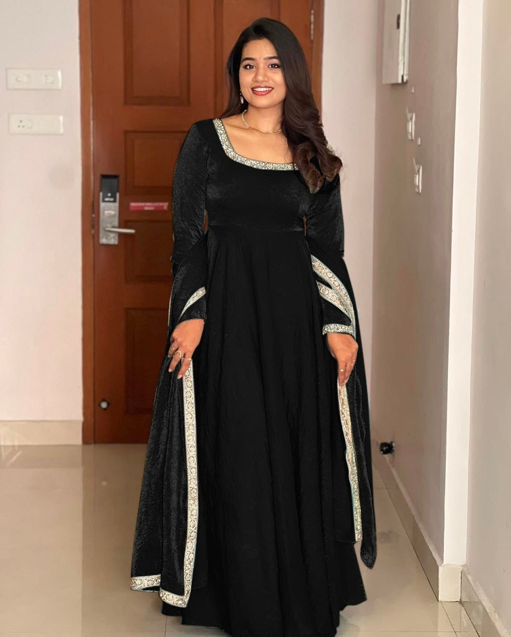 Gorgeous Fendi Silk Sequins Embroidered Fully Stitched Anarkali With Dupatta - ETHNICDEAL