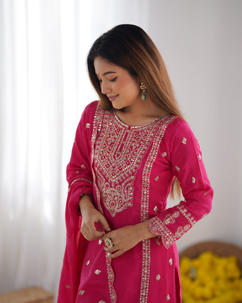 Spectacular Pink Chinon Silk Sequins Embroidered Straight Suit - ETHNICDEAL