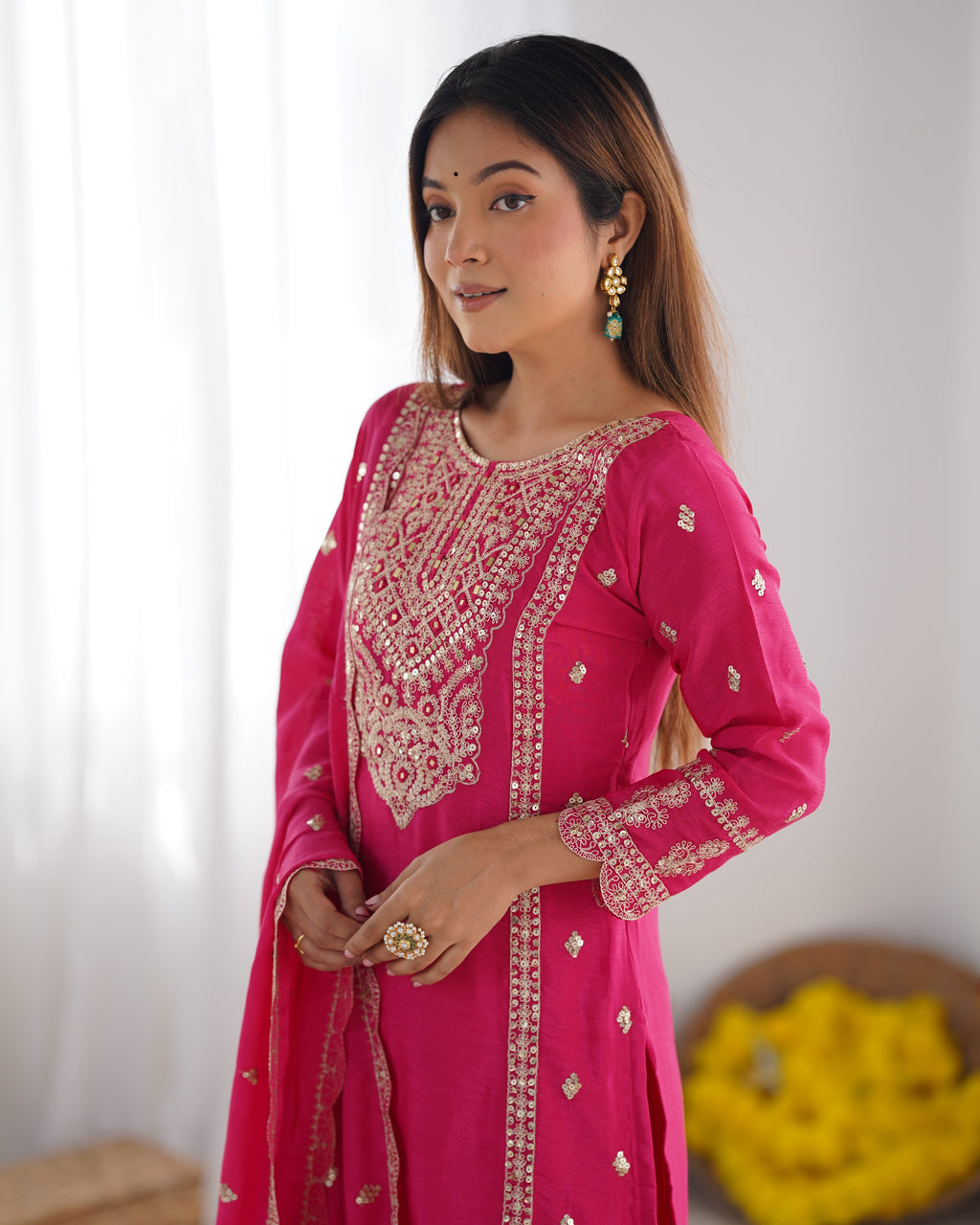 Spectacular Pink Chinon Silk Sequins Embroidered Straight Suit - ETHNICDEAL