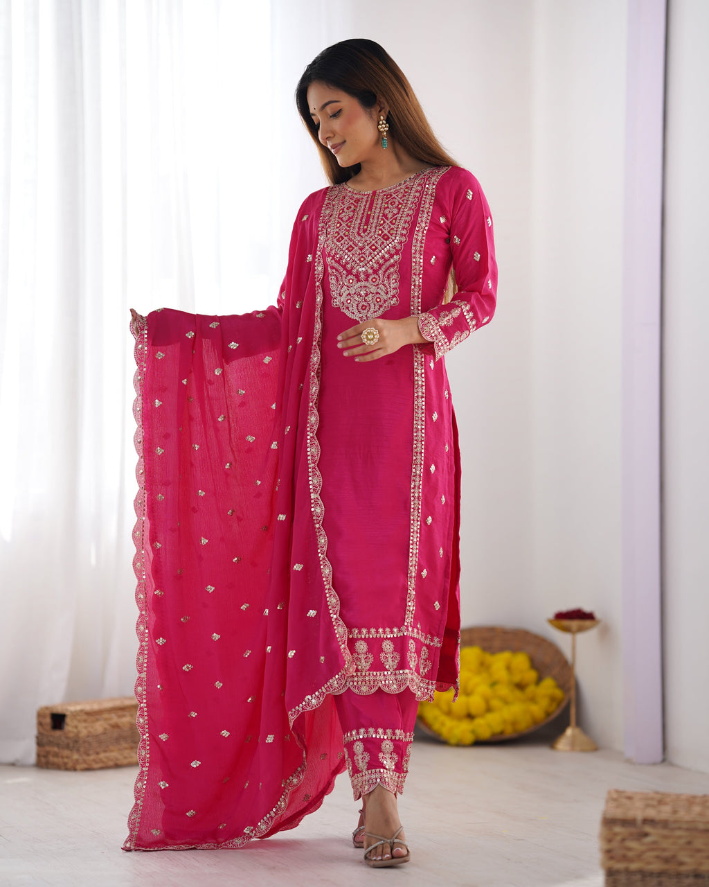 Spectacular Pink Chinon Silk Sequins Embroidered Straight Suit - ETHNICDEAL