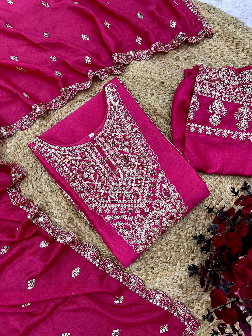 Spectacular Pink Chinon Silk Sequins Embroidered Straight Suit - ETHNICDEAL