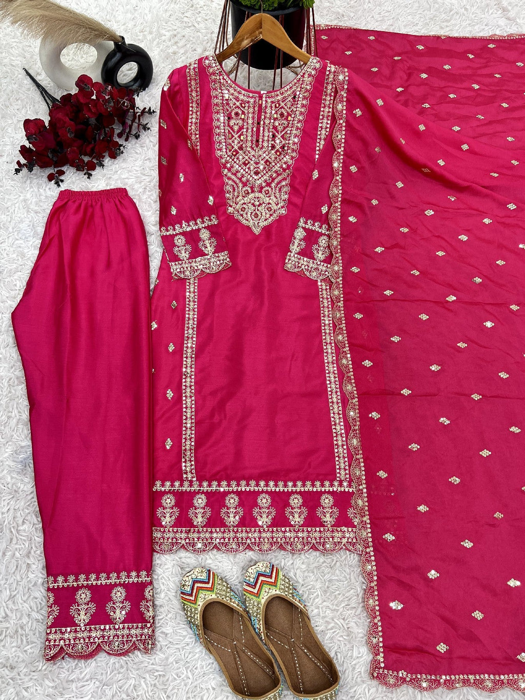 Spectacular Pink Chinon Silk Sequins Embroidered Straight Suit - ETHNICDEAL