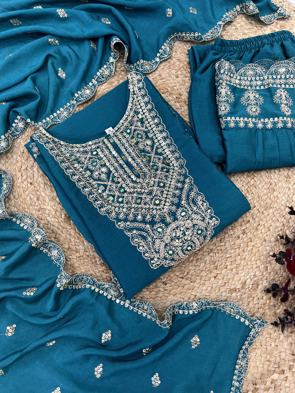 Enamoring Teal Blue Chinon Silk Sequins Embroidered Straight Suit - ETHNICDEAL