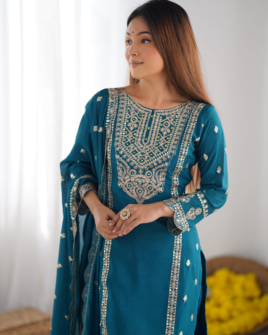 Enamoring Teal Blue Chinon Silk Sequins Embroidered Straight Suit - ETHNICDEAL