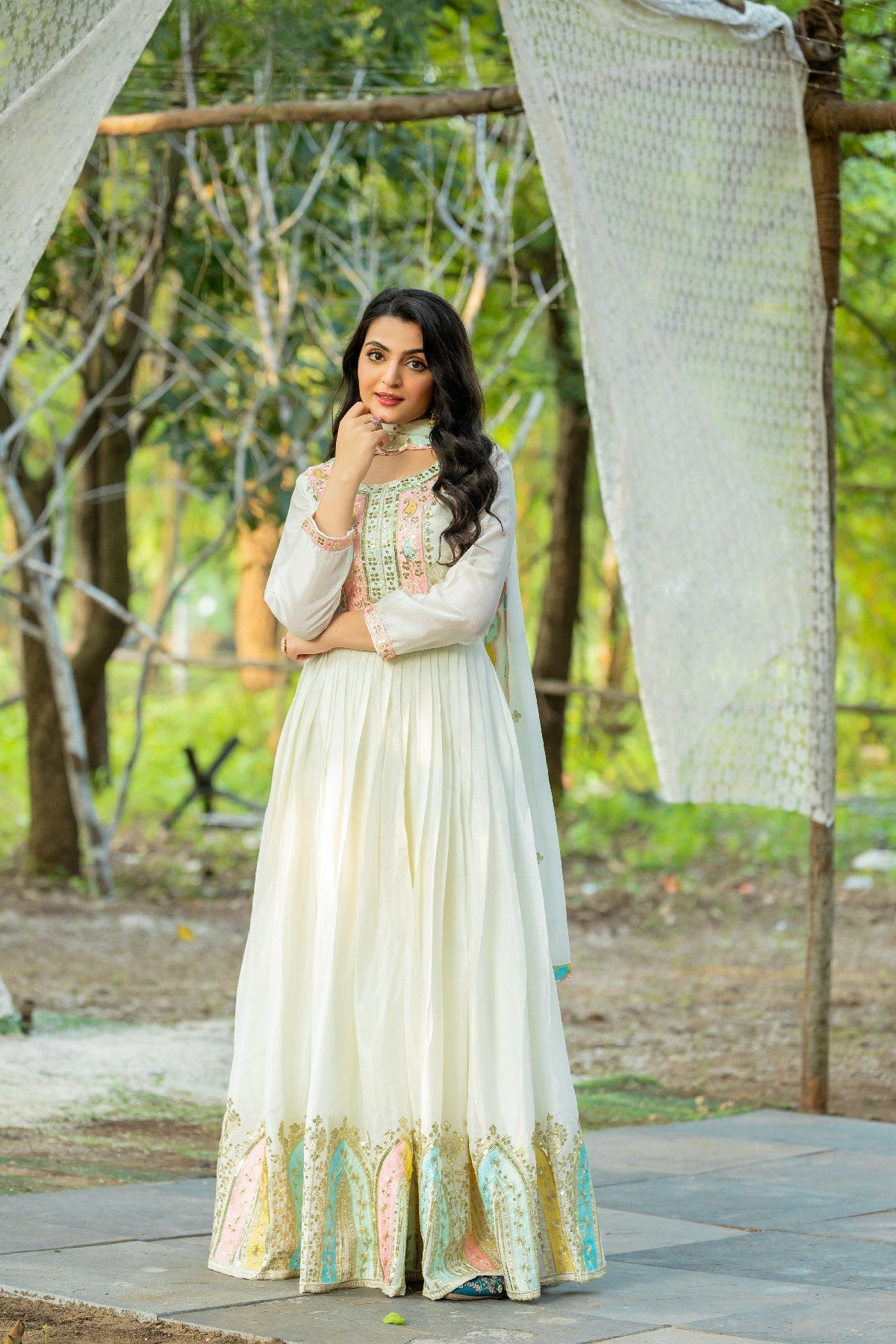 Graceful Embroidered Chinon Silk Fully Stitched Gown With Dupatta - Ethnicwish