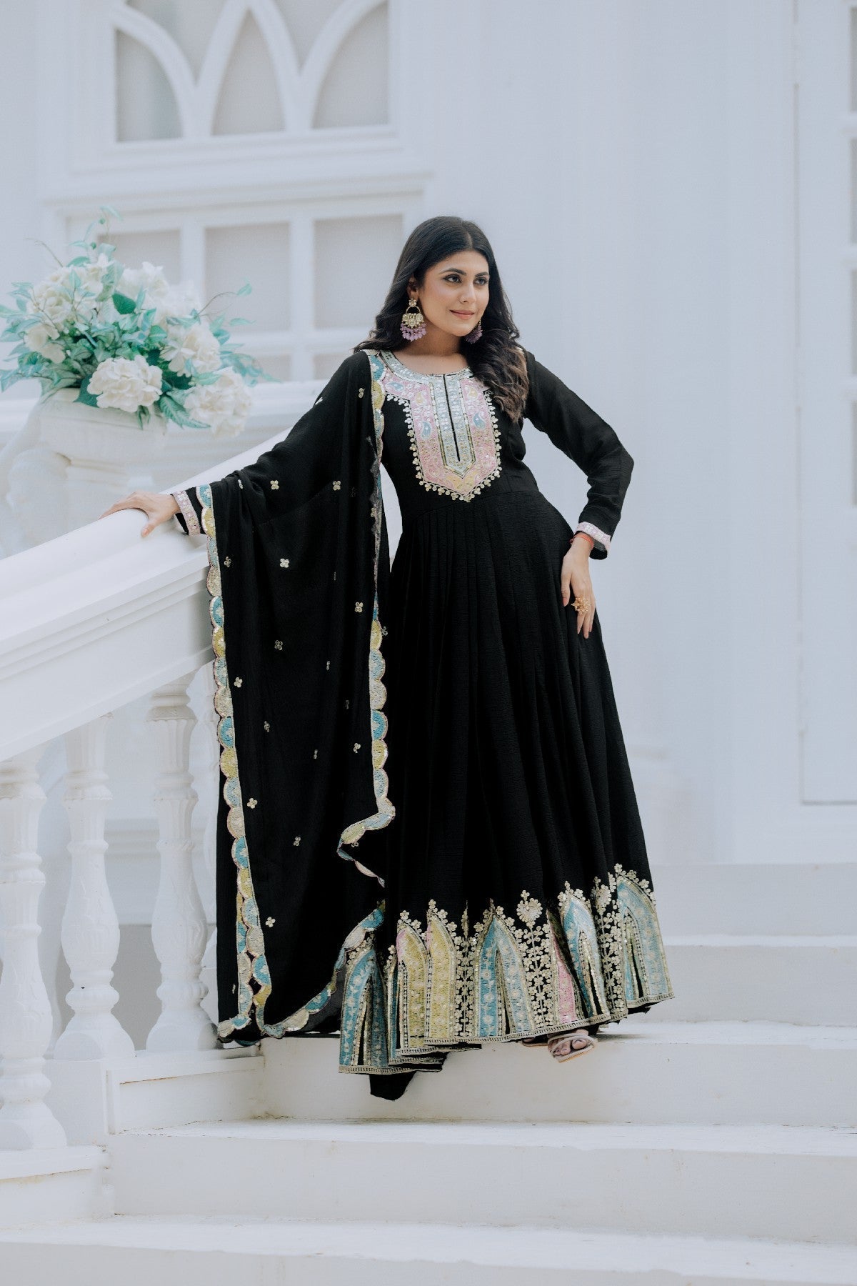 Graceful Embroidered Chinon Silk Fully Stitched Gown With Dupatta - Ethnicwish