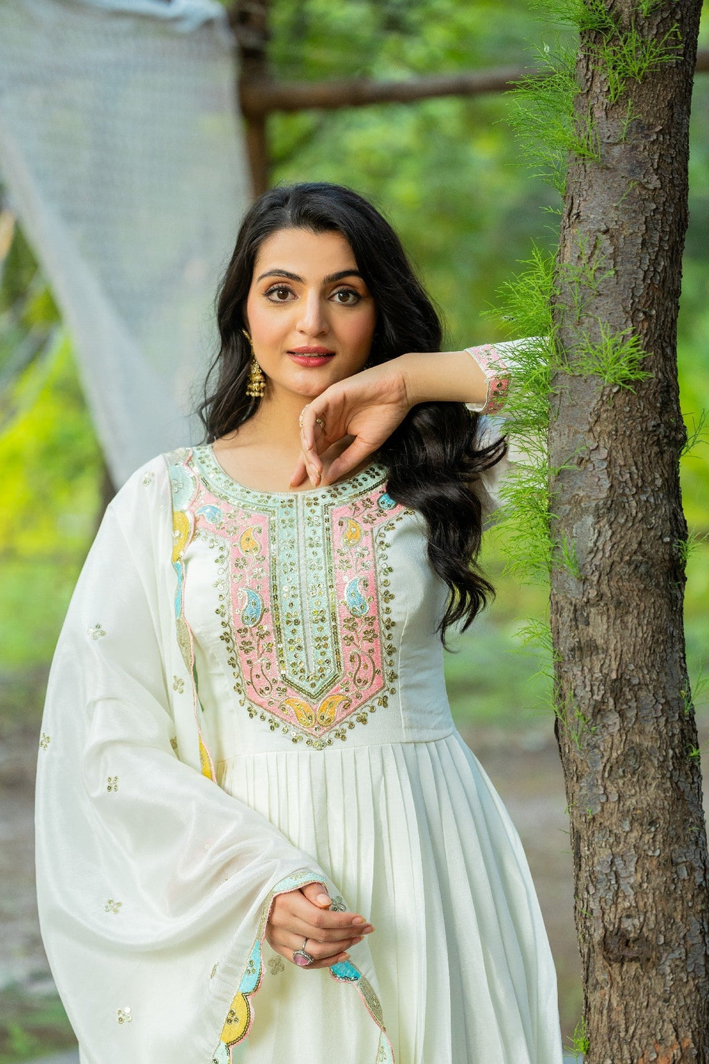 Graceful Embroidered Chinon Silk Fully Stitched Gown With Dupatta - Ethnicwish