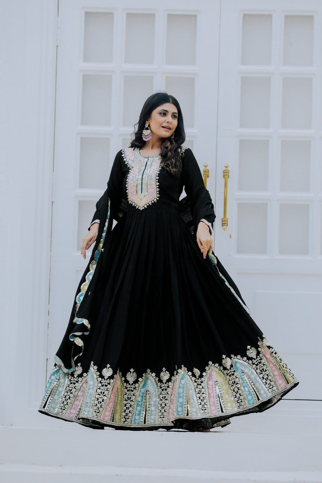 Graceful Embroidered Chinon Silk Fully Stitched Gown With Dupatta - Ethnicwish