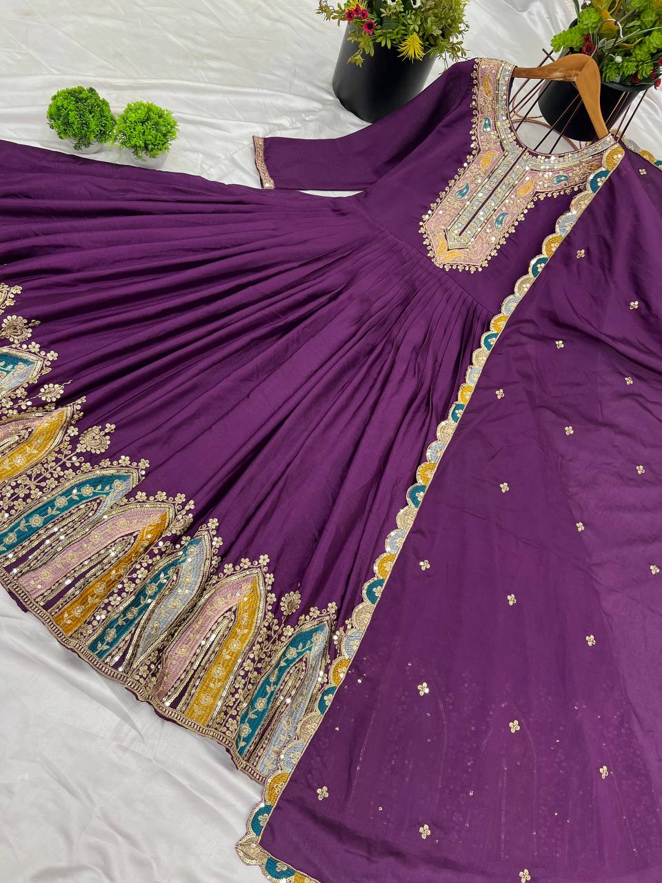 Graceful Embroidered Chinon Silk Fully Stitched Gown With Dupatta - Ethnicwish
