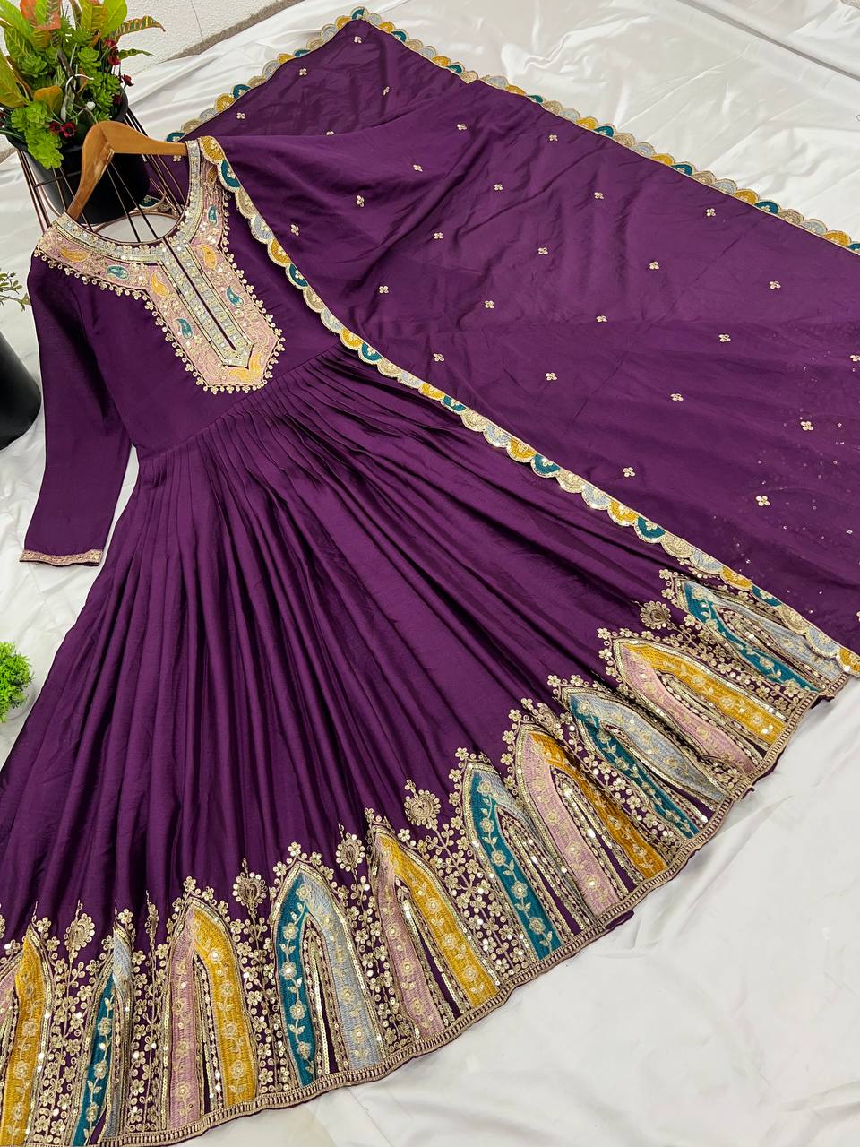Graceful Embroidered Chinon Silk Fully Stitched Gown With Dupatta - Ethnicwish