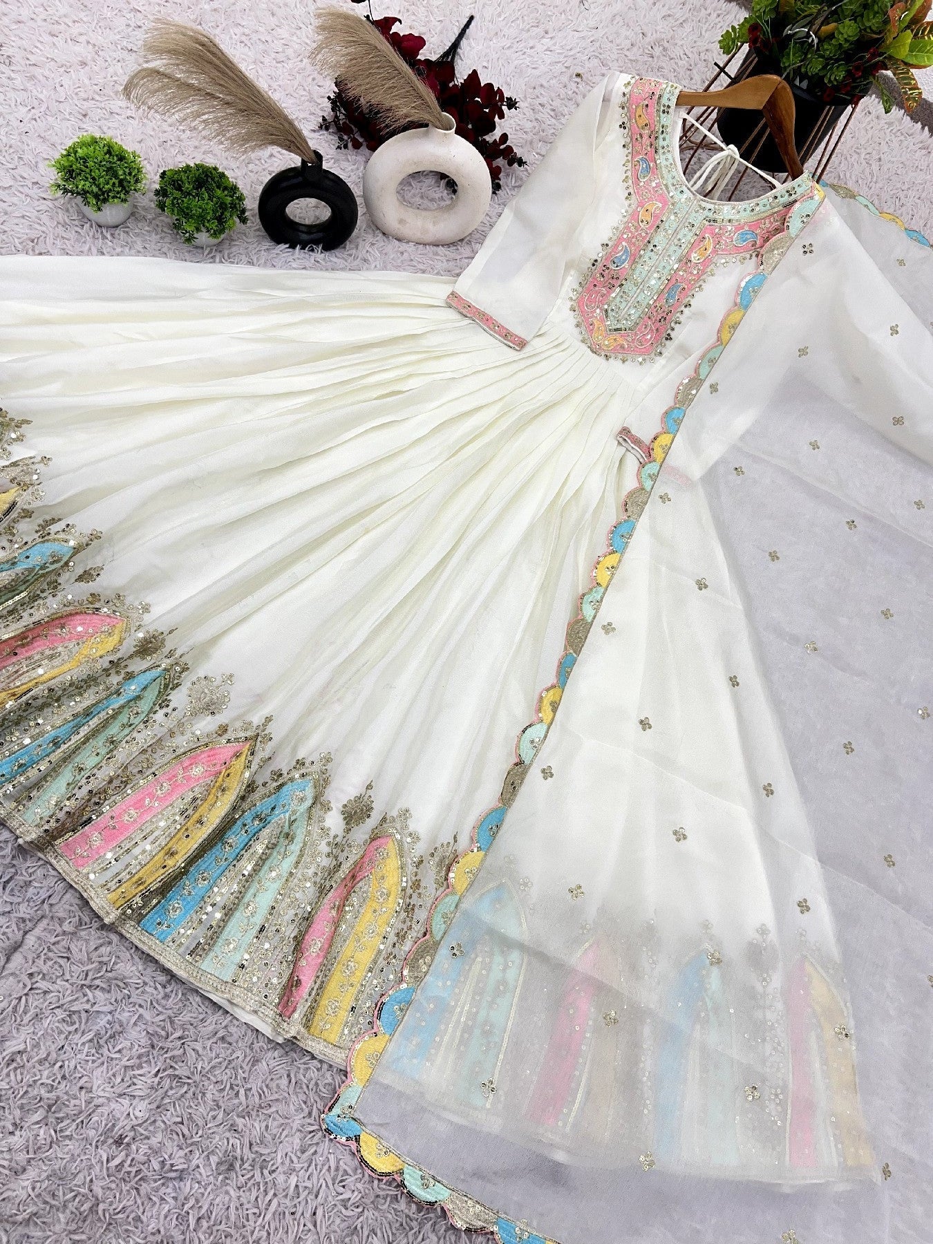 Graceful Embroidered Chinon Silk Fully Stitched Gown With Dupatta - Ethnicwish