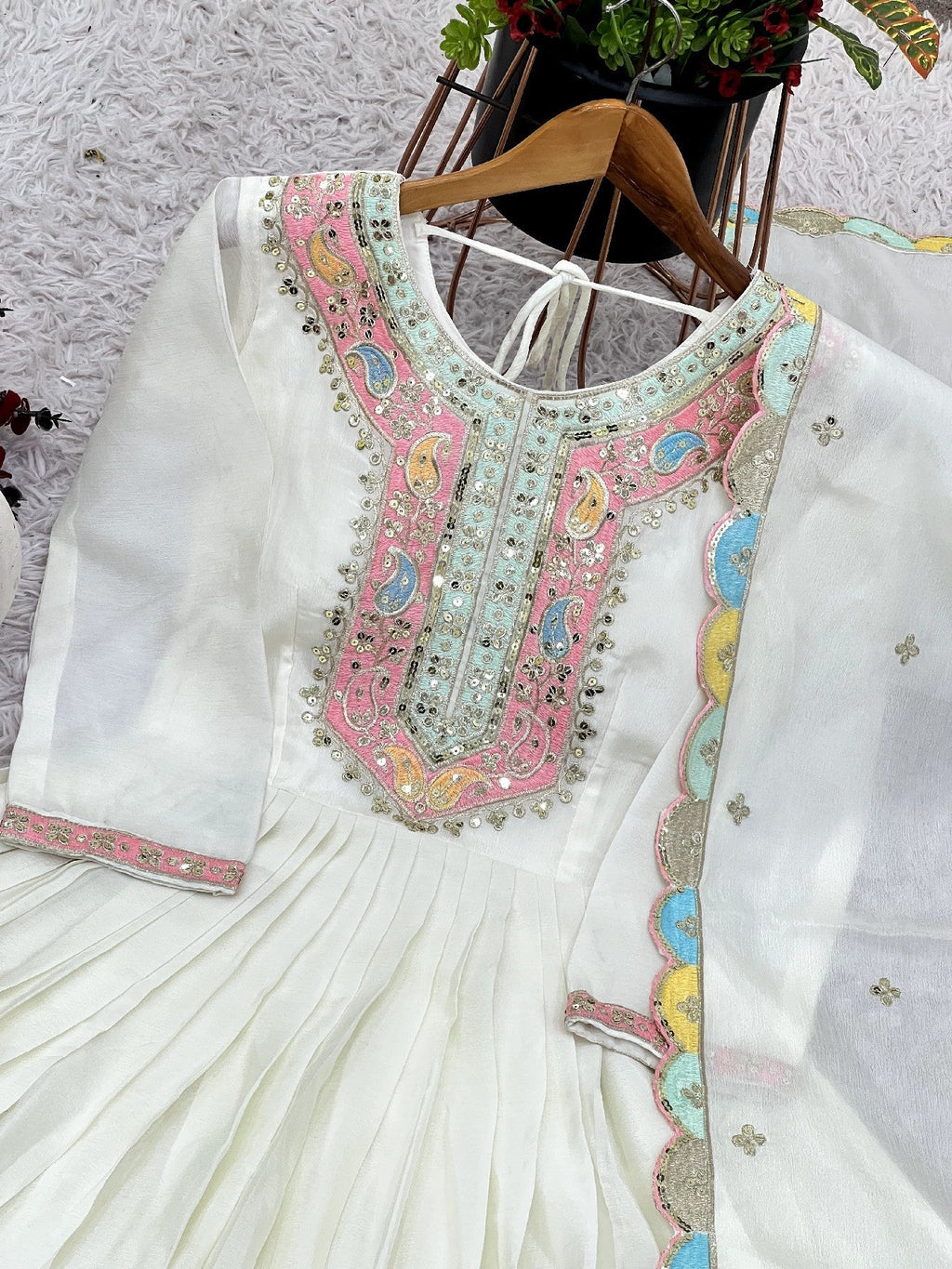 Graceful Embroidered Chinon Silk Fully Stitched Gown With Dupatta - Ethnicwish