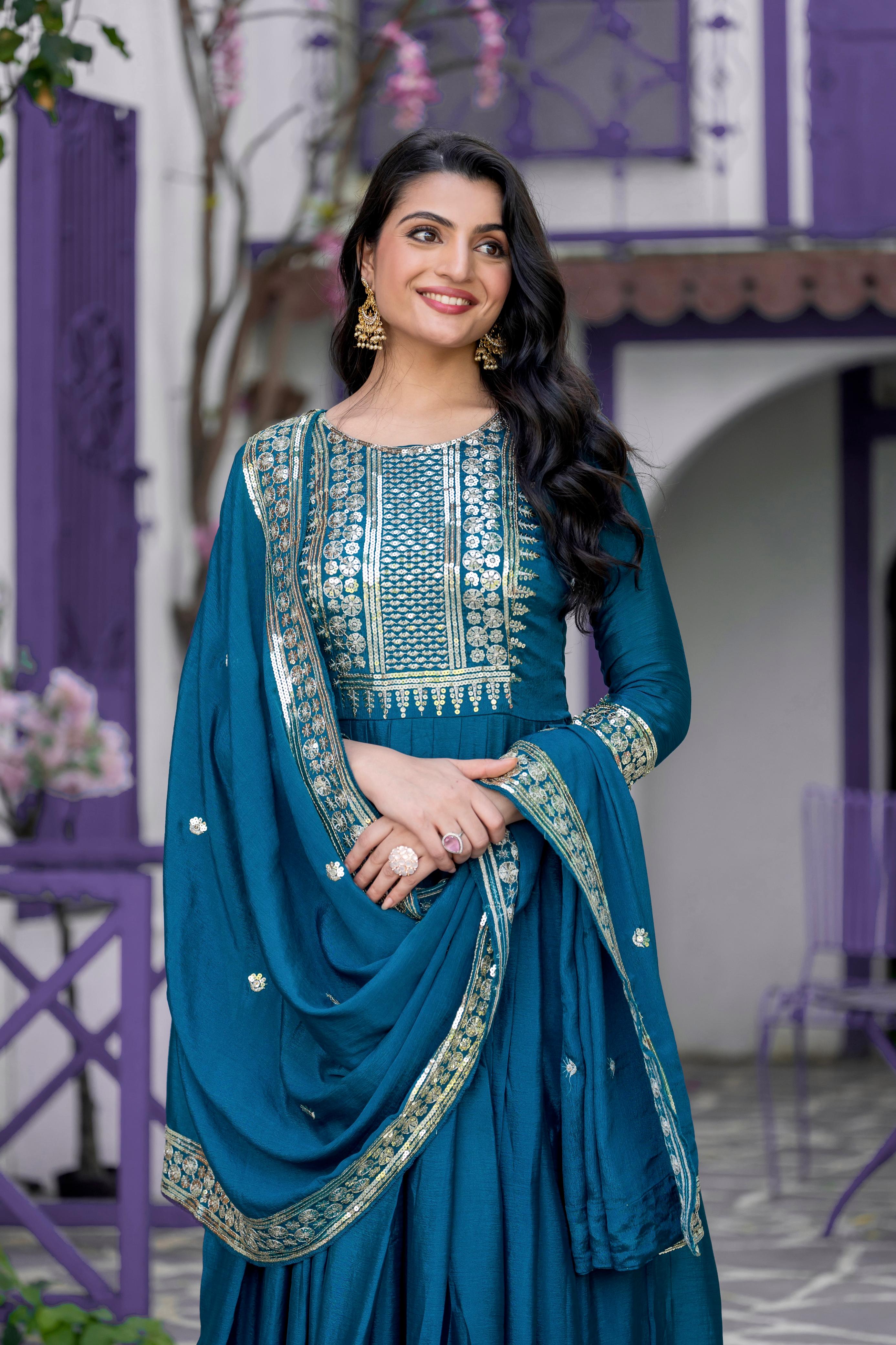 Divine Rama Chinon Silk Sequins Embroidered Gown With Dupatta - Ethnicwish
