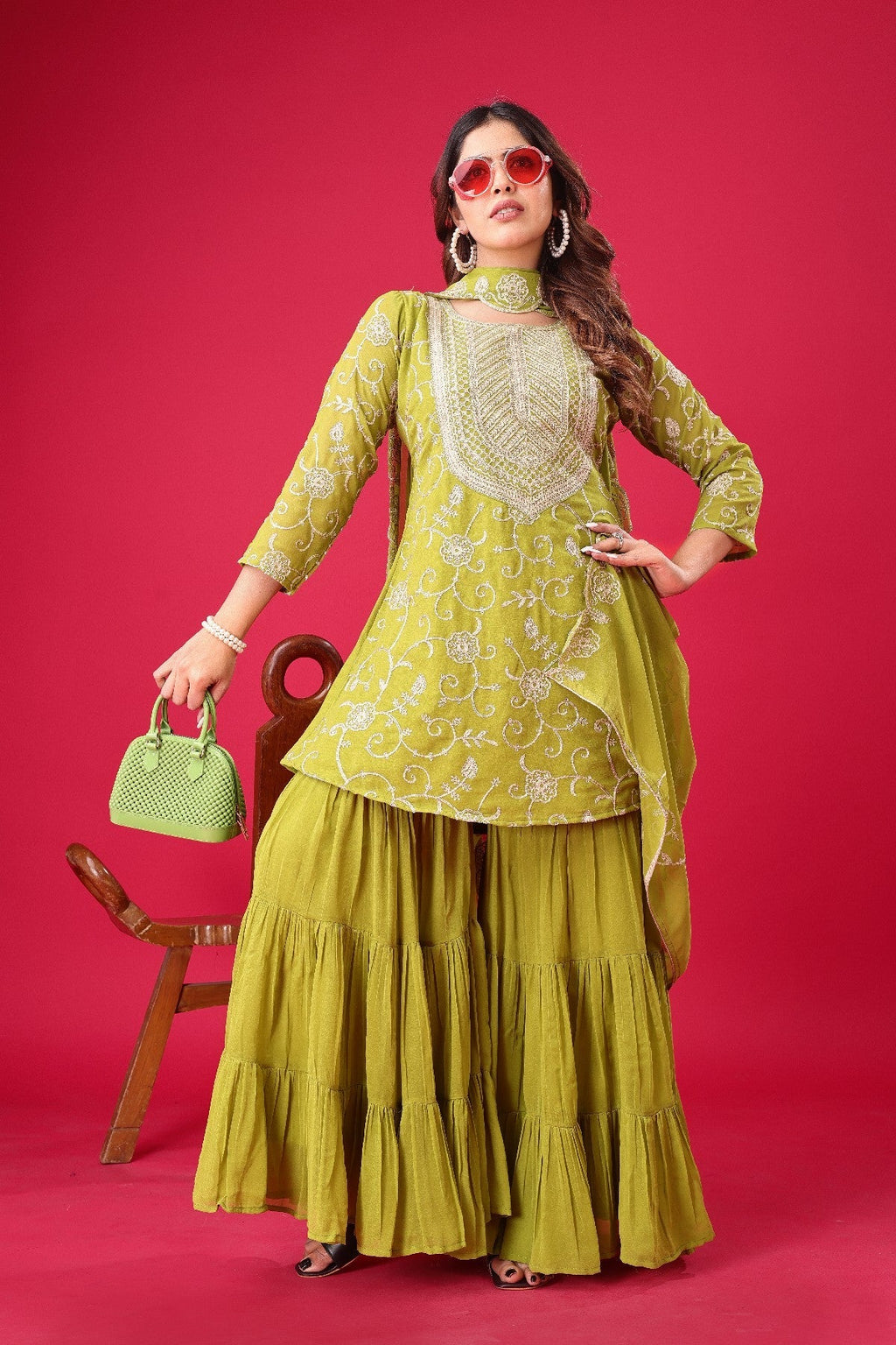 Enticing Georgette Embroidered Ruffle Top Sharara Suit - ETHNICDEAL