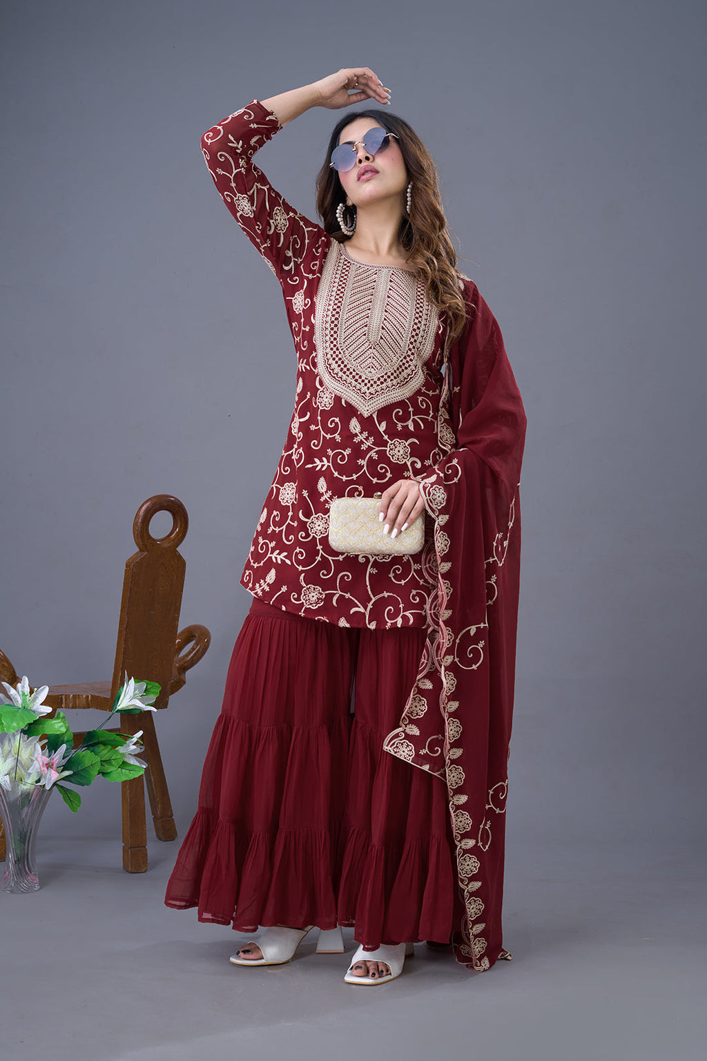 Enticing Georgette Embroidered Ruffle Top Sharara Suit - ETHNICDEAL