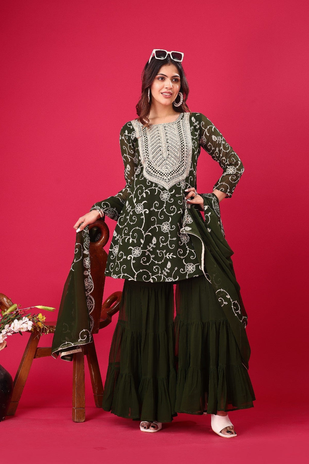 Enticing Georgette Embroidered Ruffle Top Sharara Suit - ETHNICDEAL