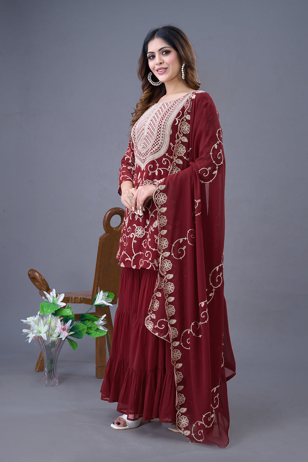 Enticing Georgette Embroidered Ruffle Top Sharara Suit - ETHNICDEAL