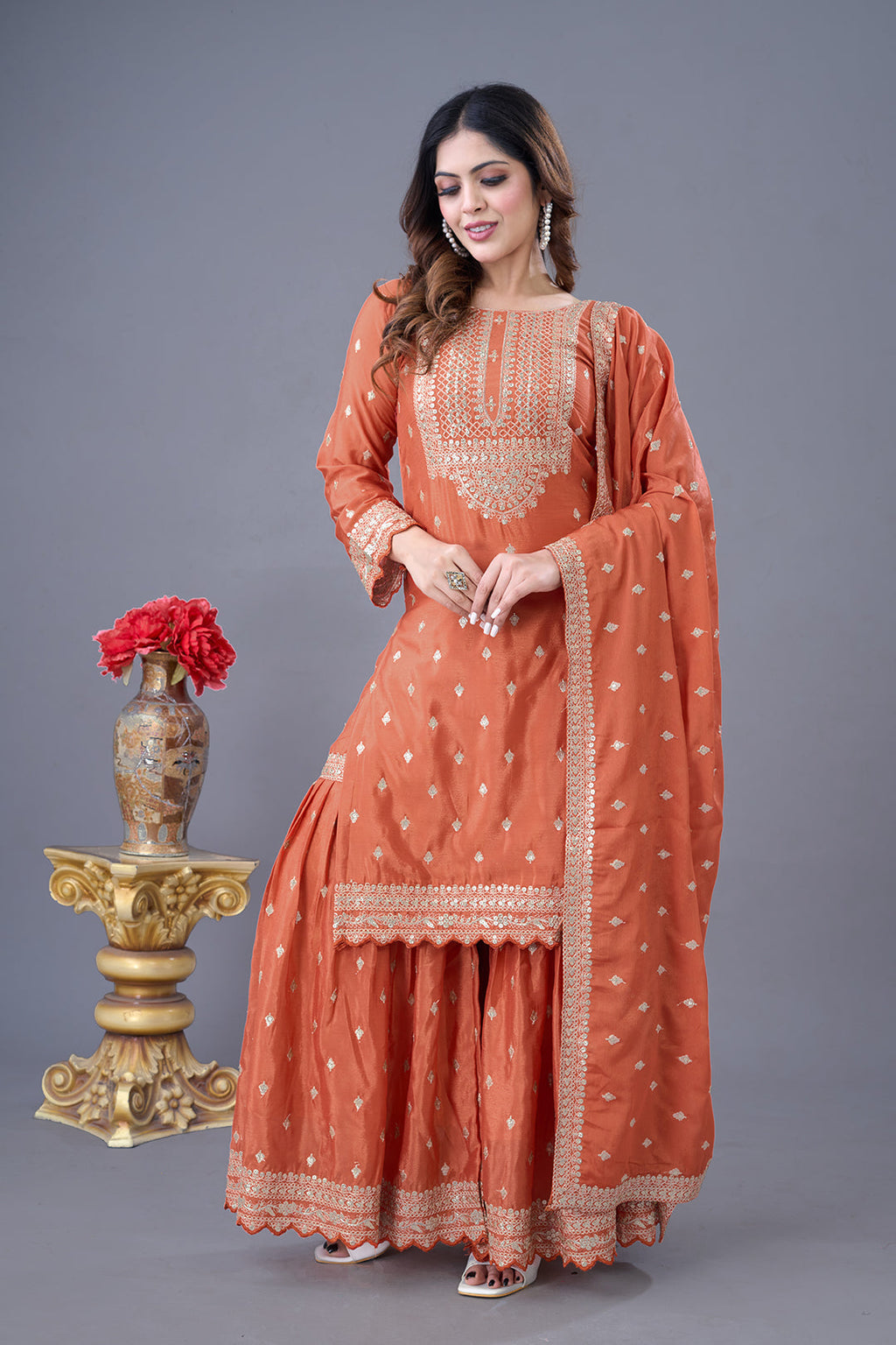Exquisite Chinon Silk Heavy Sequins Embroidered Top Sharara Suit - ETHNICDEAL