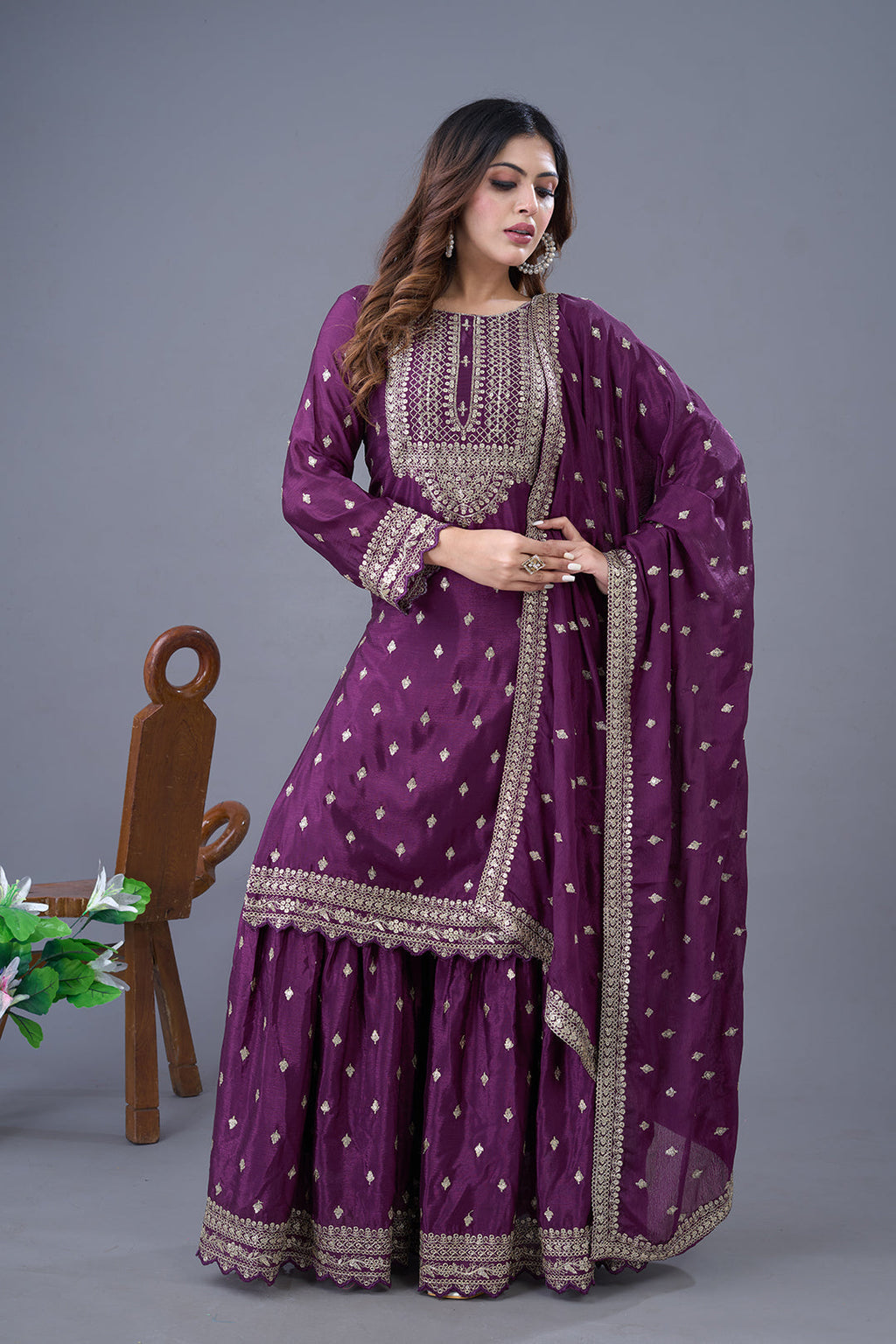 Exquisite Chinon Silk Heavy Sequins Embroidered Top Sharara Suit - ETHNICDEAL