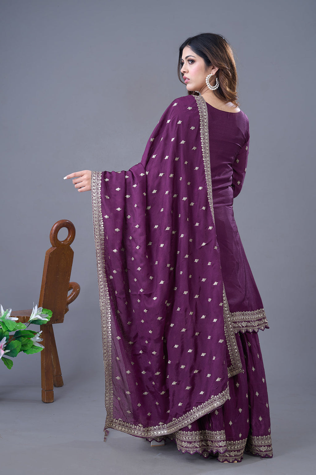Exquisite Chinon Silk Heavy Sequins Embroidered Top Sharara Suit - ETHNICDEAL