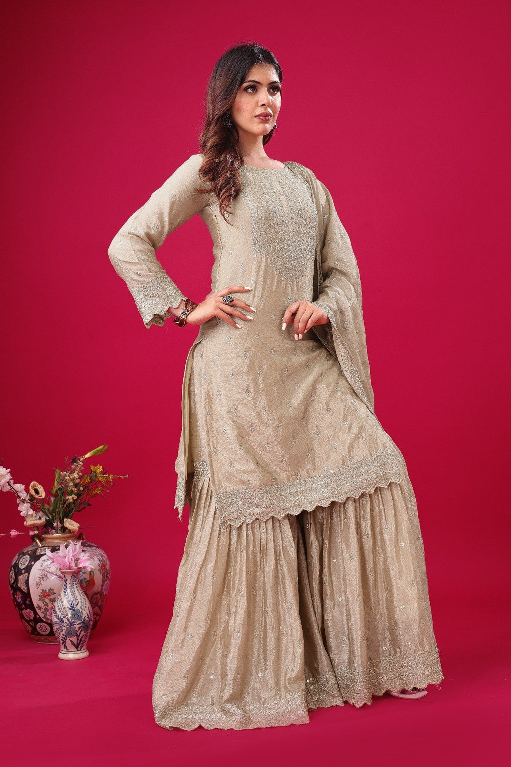 Exquisite Chinon Silk Heavy Sequins Embroidered Top Sharara Suit - ETHNICDEAL