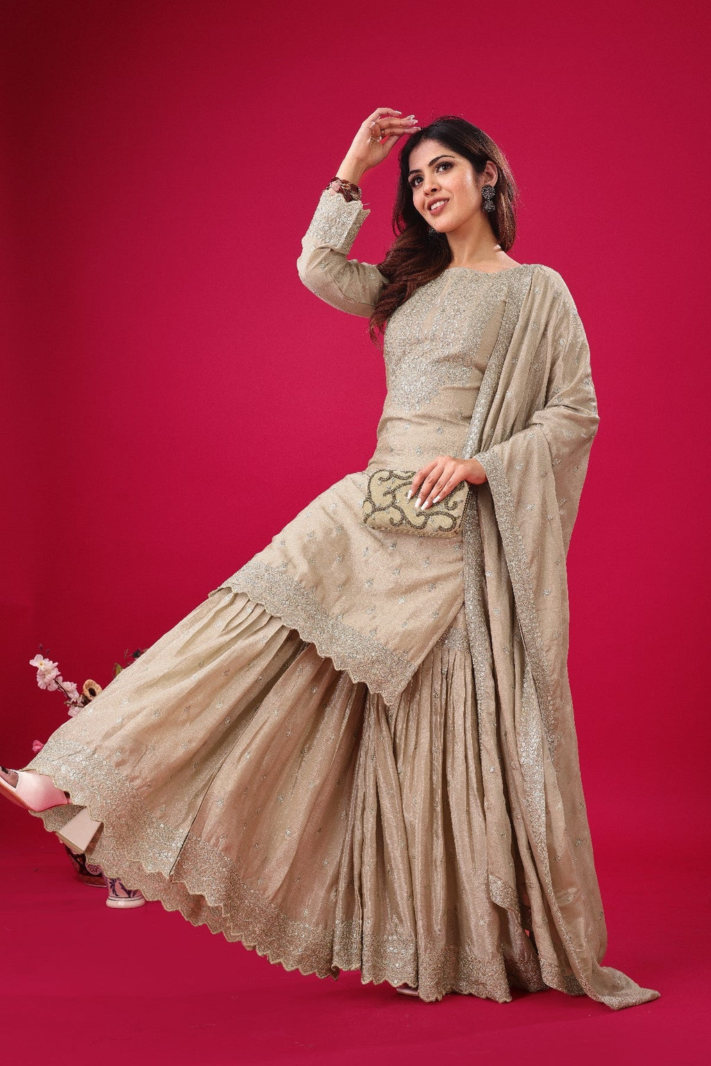Exquisite Chinon Silk Heavy Sequins Embroidered Top Sharara Suit - ETHNICDEAL
