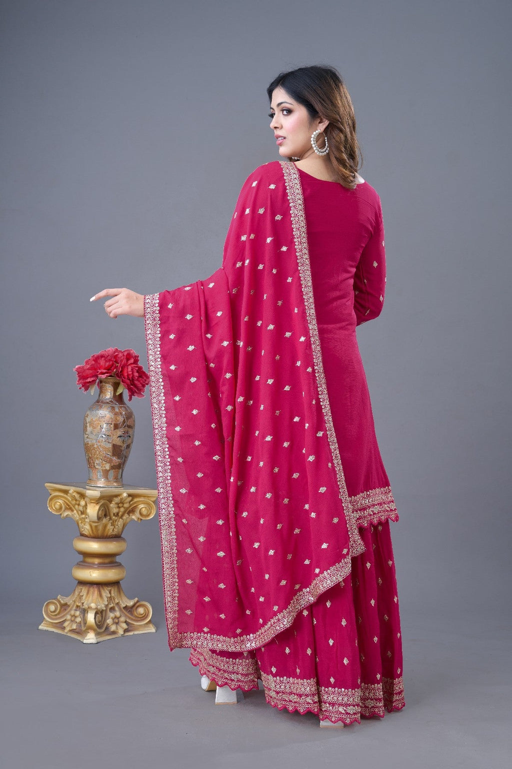 Exquisite Chinon Silk Heavy Sequins Embroidered Top Sharara Suit - ETHNICDEAL