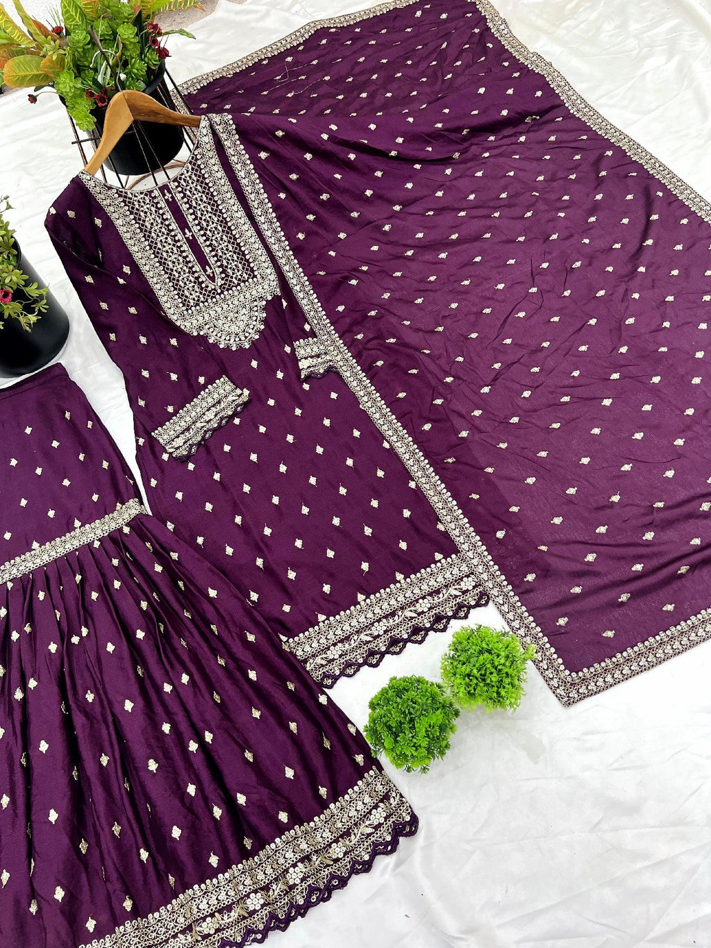 Exquisite Chinon Silk Heavy Sequins Embroidered Top Sharara Suit - ETHNICDEAL