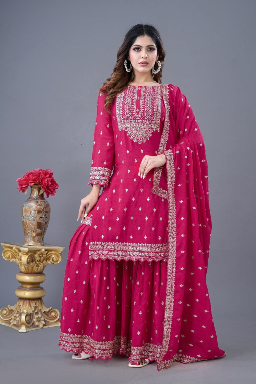 Exquisite Chinon Silk Heavy Sequins Embroidered Top Sharara Suit - ETHNICDEAL
