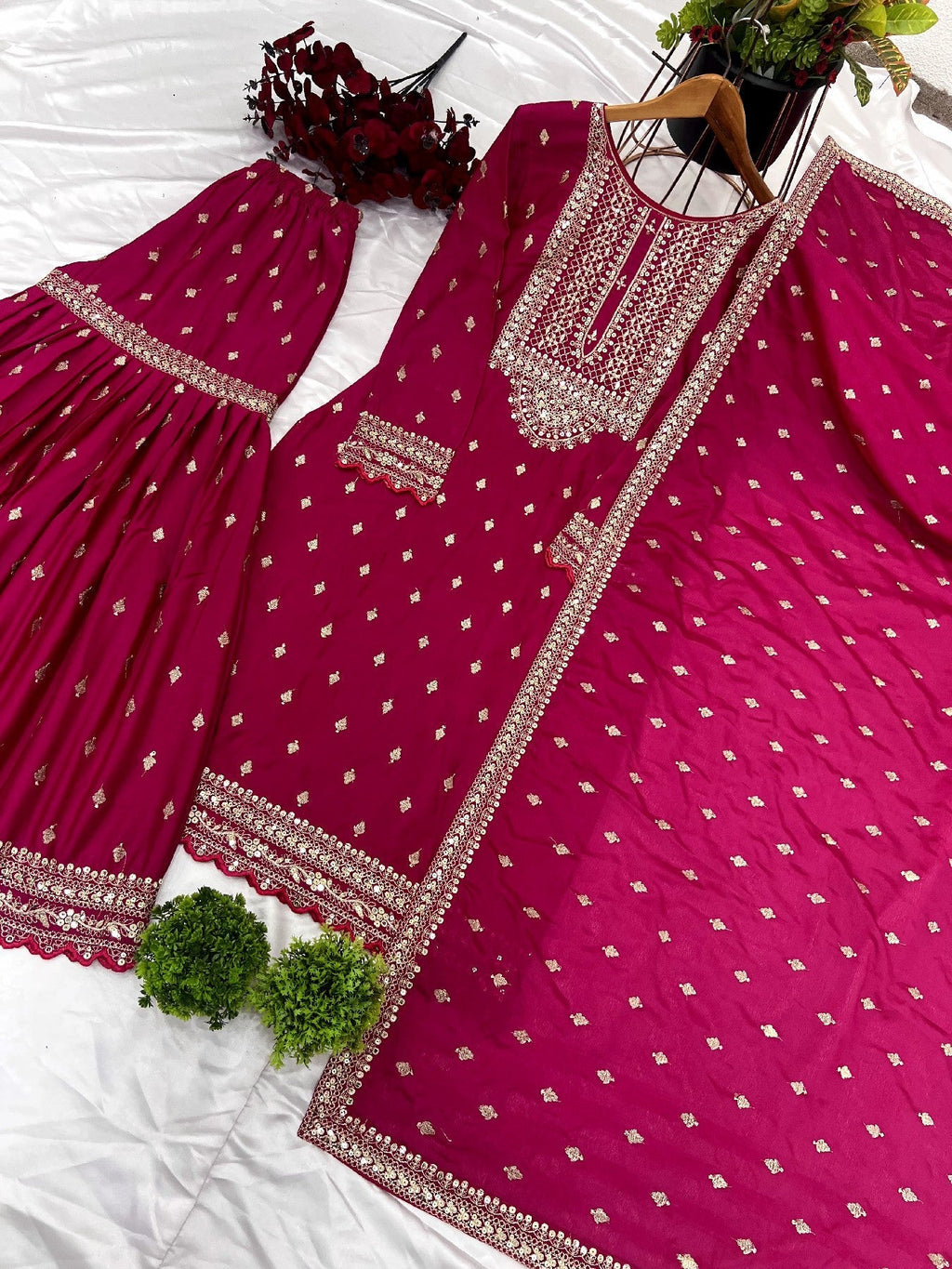 Exquisite Chinon Silk Heavy Sequins Embroidered Top Sharara Suit - ETHNICDEAL
