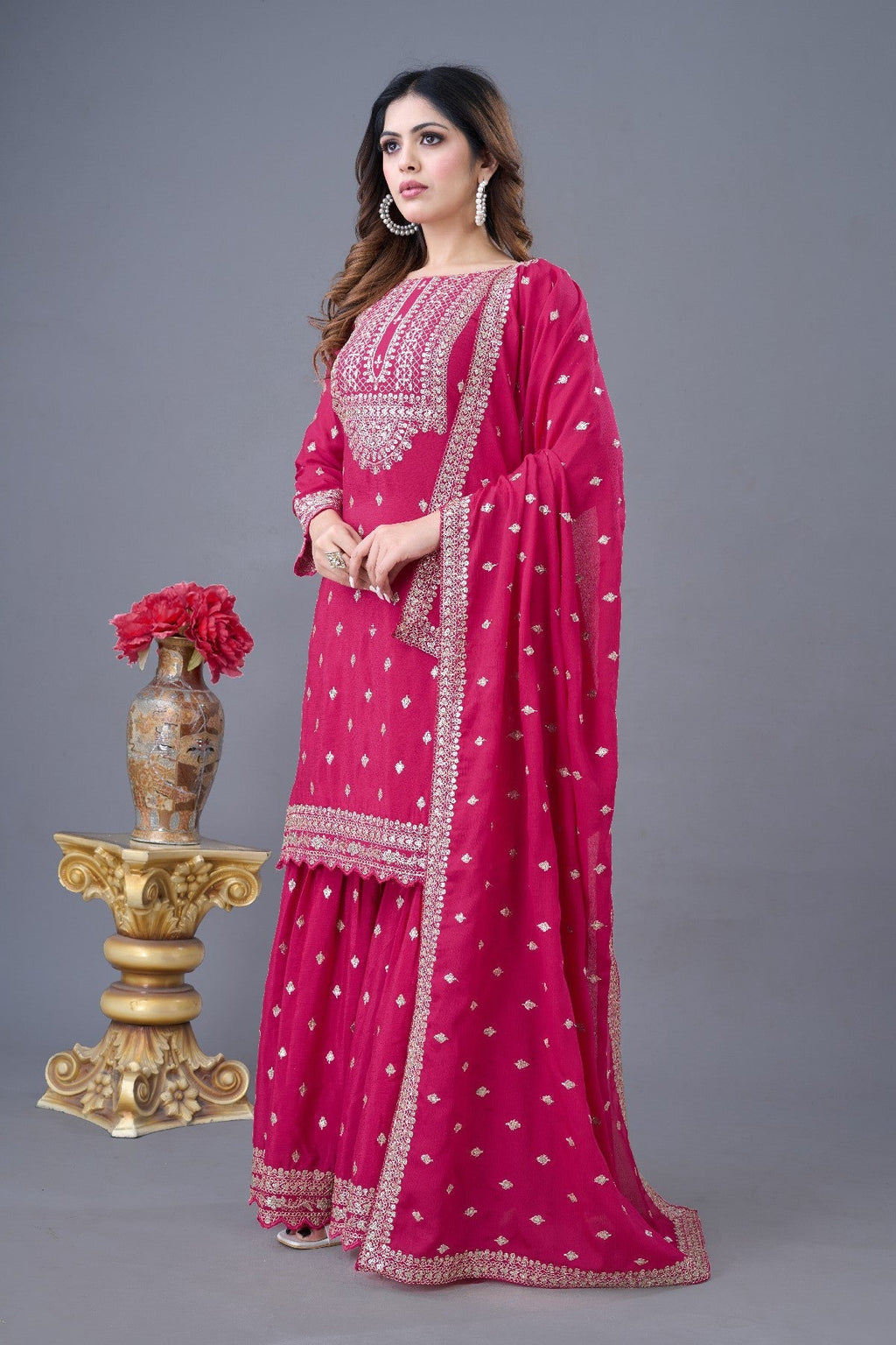 Exquisite Chinon Silk Heavy Sequins Embroidered Top Sharara Suit - ETHNICDEAL