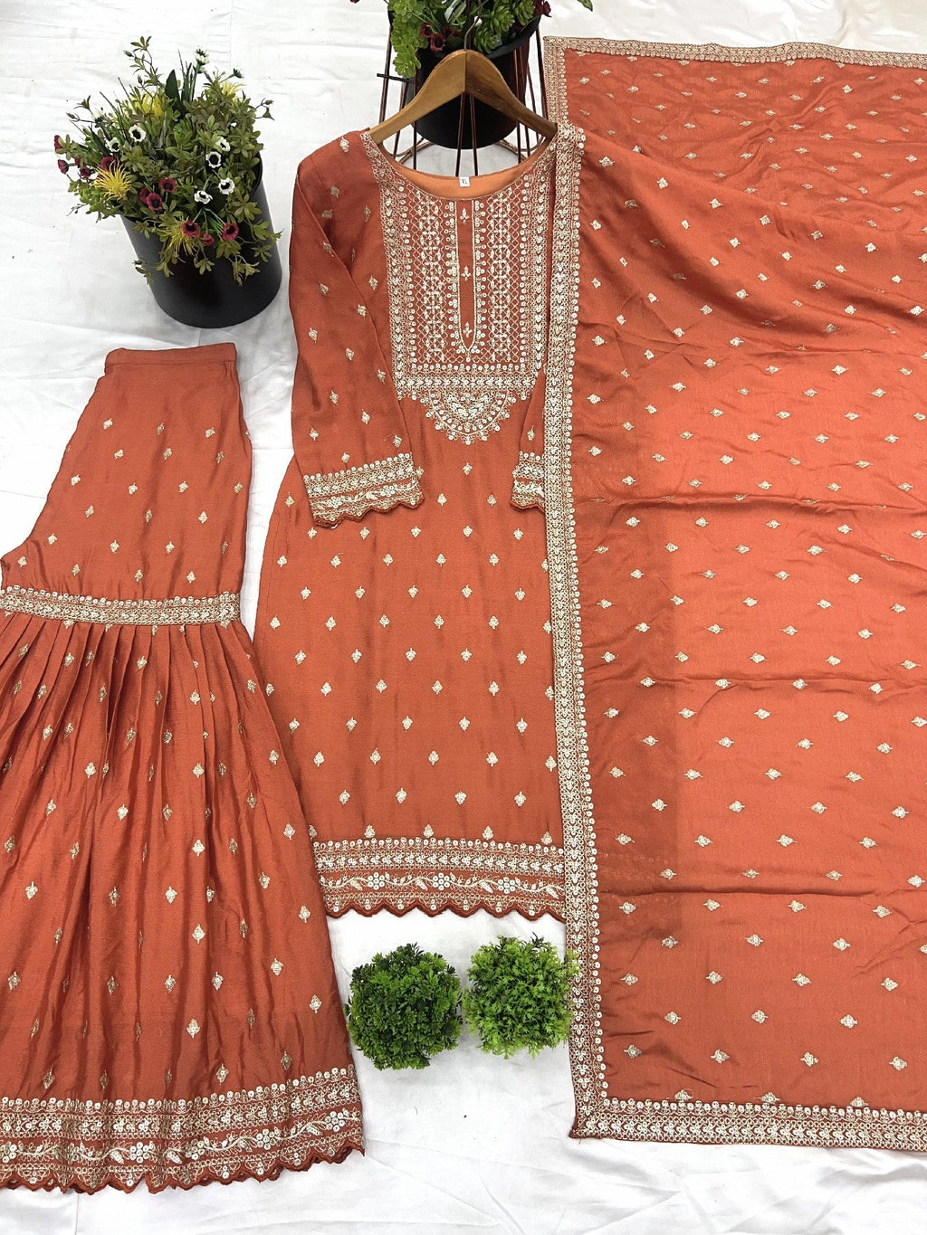 Exquisite Chinon Silk Heavy Sequins Embroidered Top Sharara Suit - ETHNICDEAL