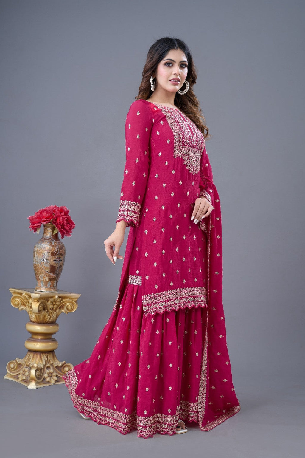 Exquisite Chinon Silk Heavy Sequins Embroidered Top Sharara Suit - ETHNICDEAL