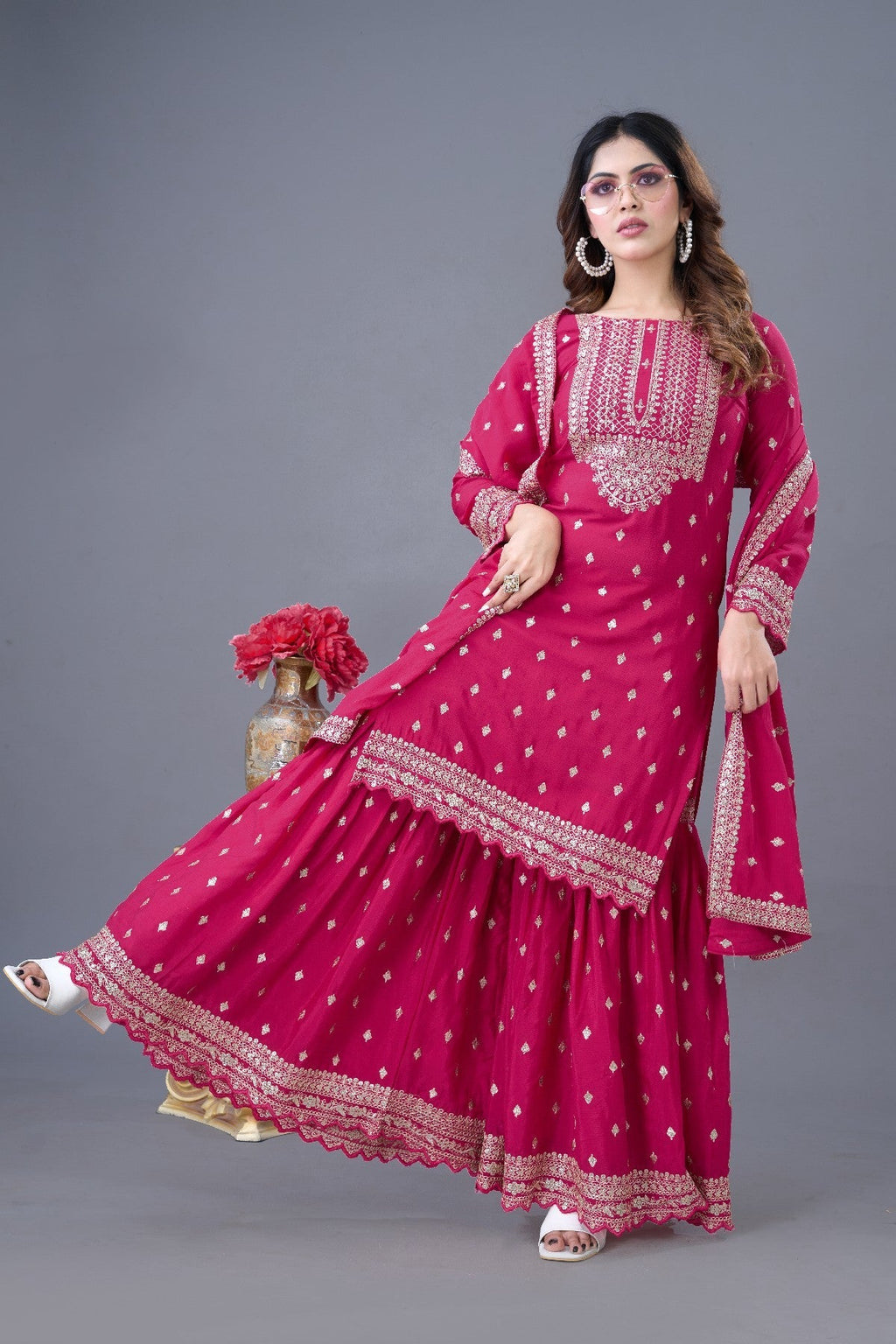 Exquisite Chinon Silk Heavy Sequins Embroidered Top Sharara Suit - ETHNICDEAL