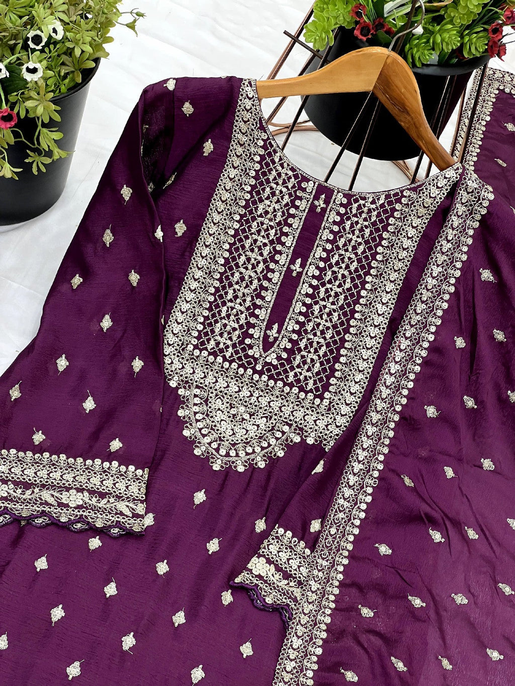 Exquisite Chinon Silk Heavy Sequins Embroidered Top Sharara Suit - ETHNICDEAL
