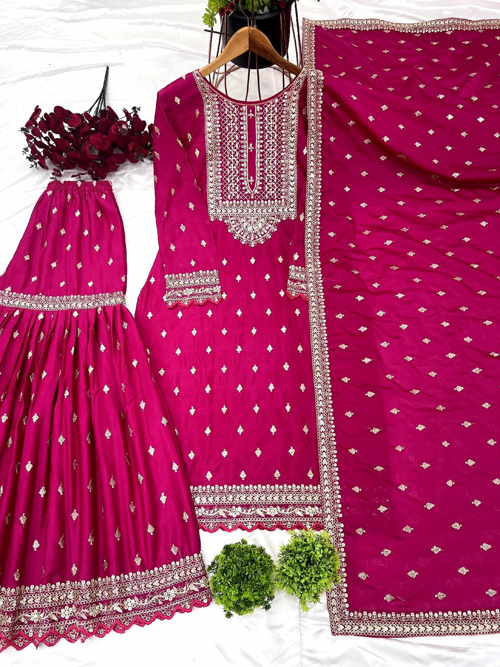 Exquisite Chinon Silk Heavy Sequins Embroidered Top Sharara Suit - ETHNICDEAL