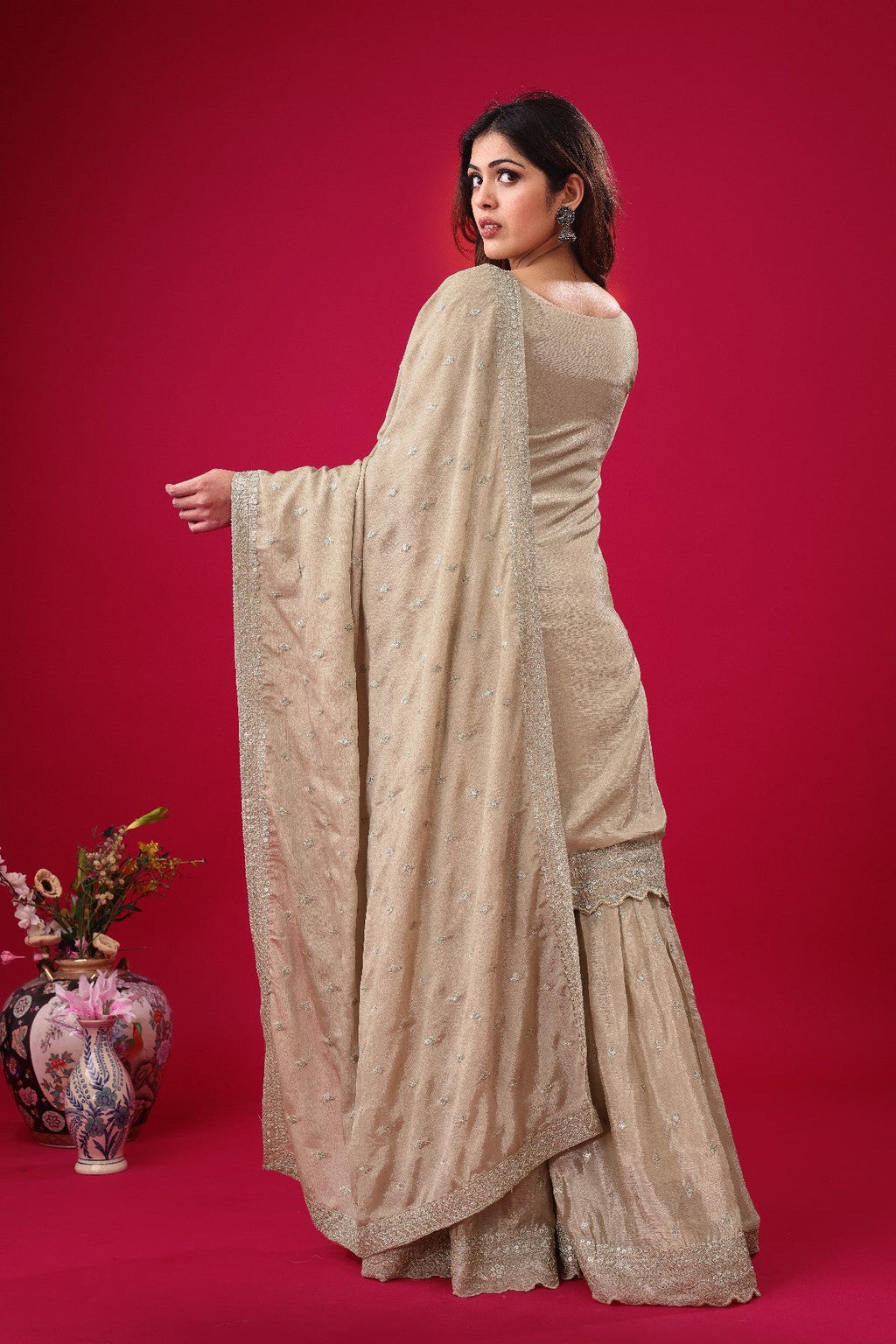 Exquisite Chinon Silk Heavy Sequins Embroidered Top Sharara Suit - ETHNICDEAL