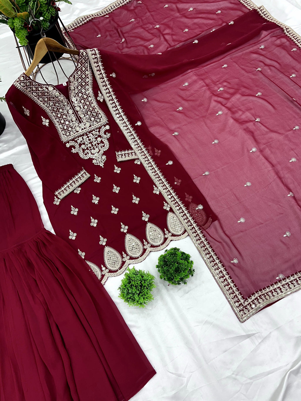 Resplendent Heavy Georgette Sequins Embroidered Top Sharara Suit - ETHNICDEAL