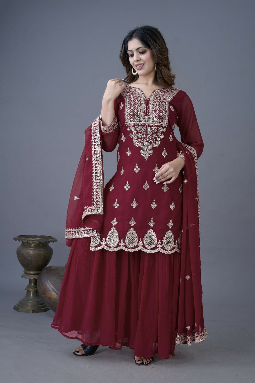 Resplendent Heavy Georgette Sequins Embroidered Top Sharara Suit - ETHNICDEAL