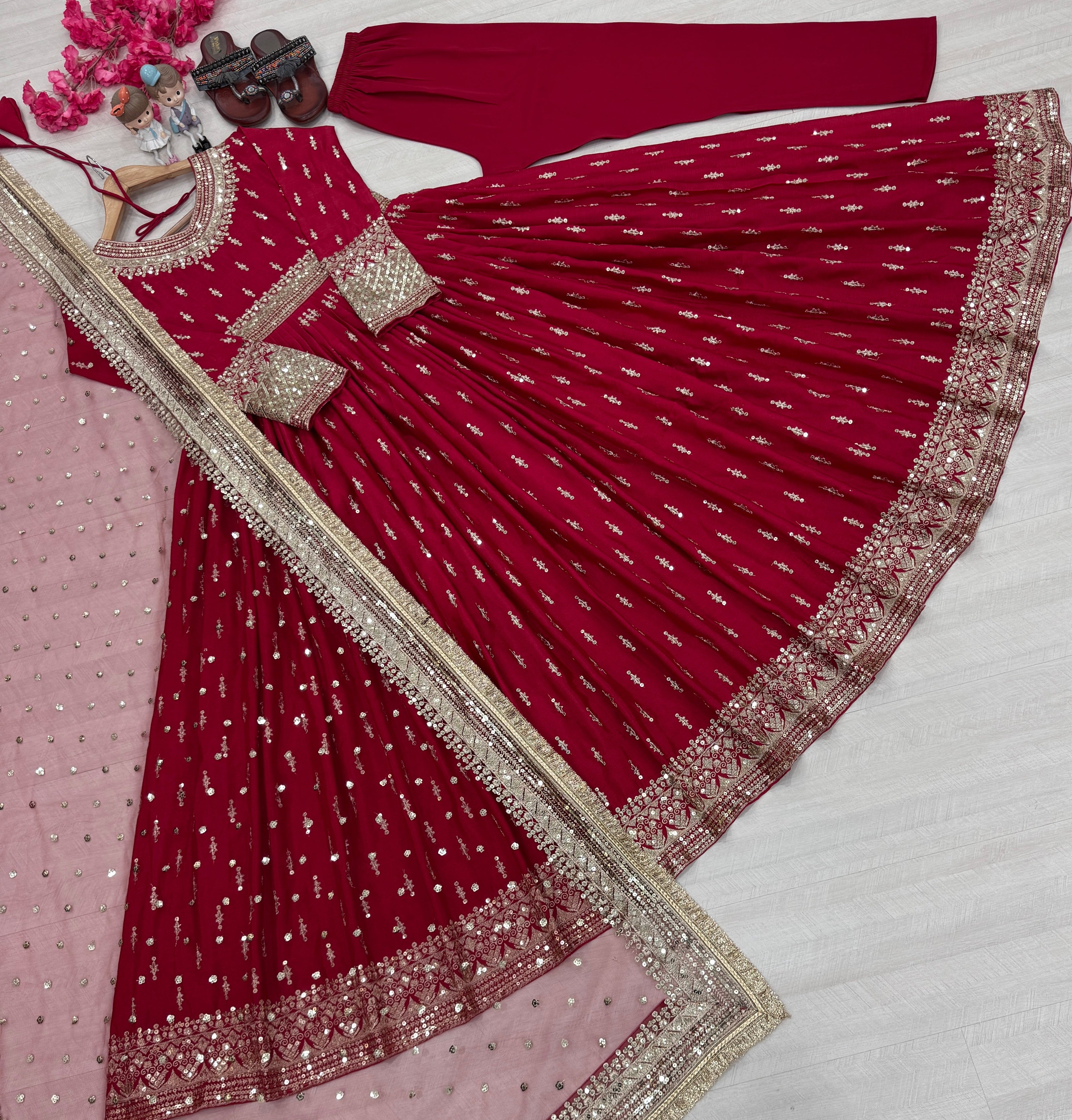 Festival Wear Pure Chinon Silk Sequins Embroidered Anarkali Pant Suit - ETHNICDEAL