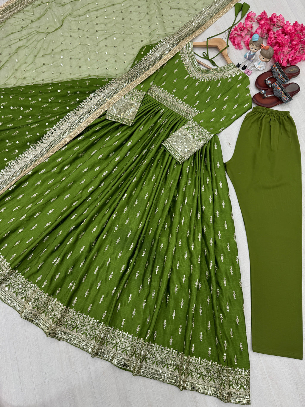 Elegant Chinon Silk Embroidered Anarkali Pant Set – Fully Stitched & Ready to Wear - ETHNICDEAL