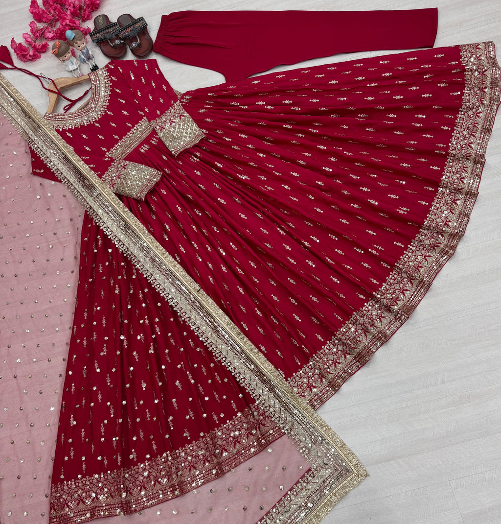 Elegant Chinon Silk Embroidered Anarkali Pant Set – Fully Stitched & Ready to Wear - ETHNICDEAL