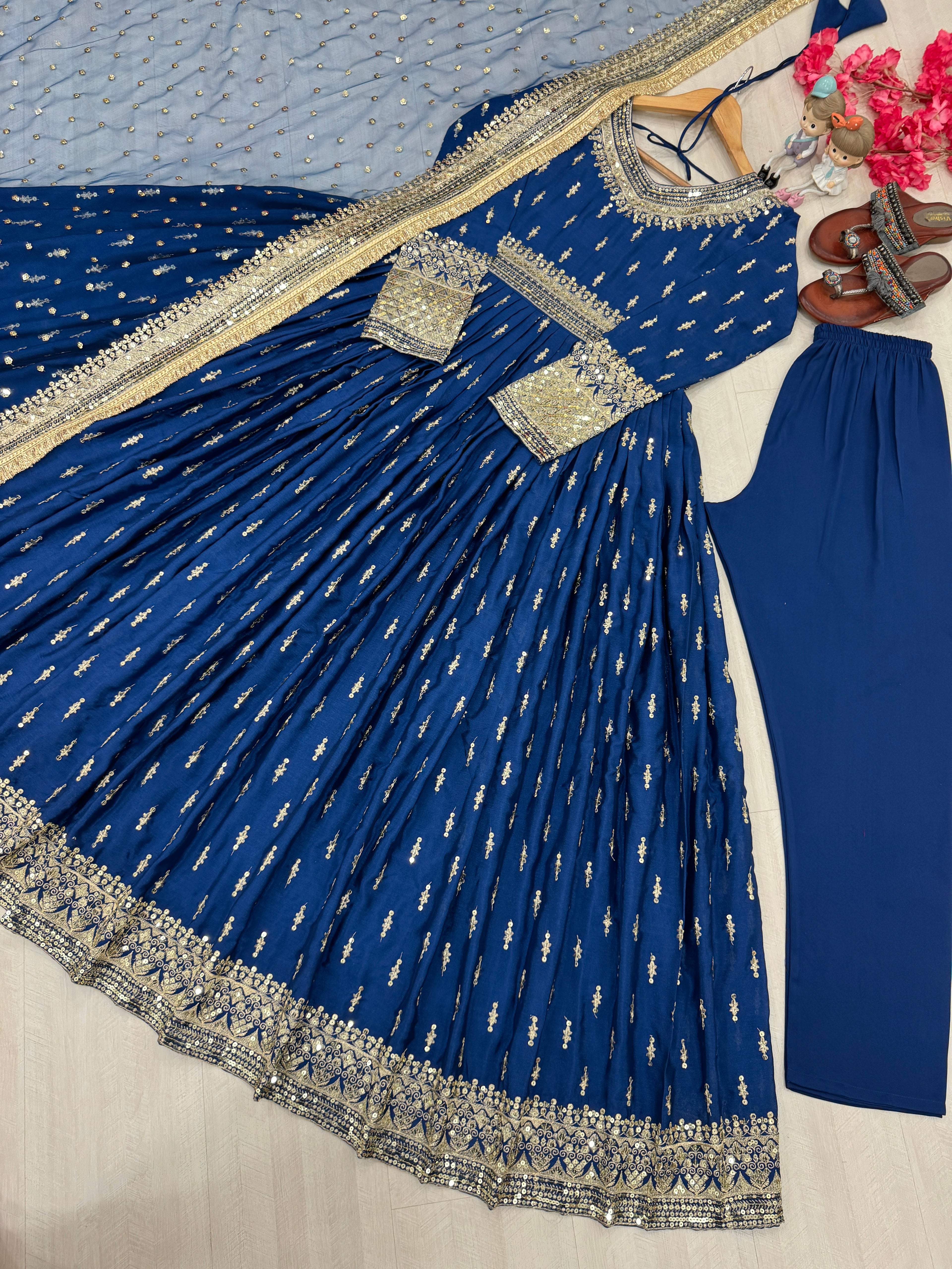 Elegant Chinon Silk Embroidered Anarkali Pant Set – Fully Stitched & Ready to Wear - ETHNICDEAL
